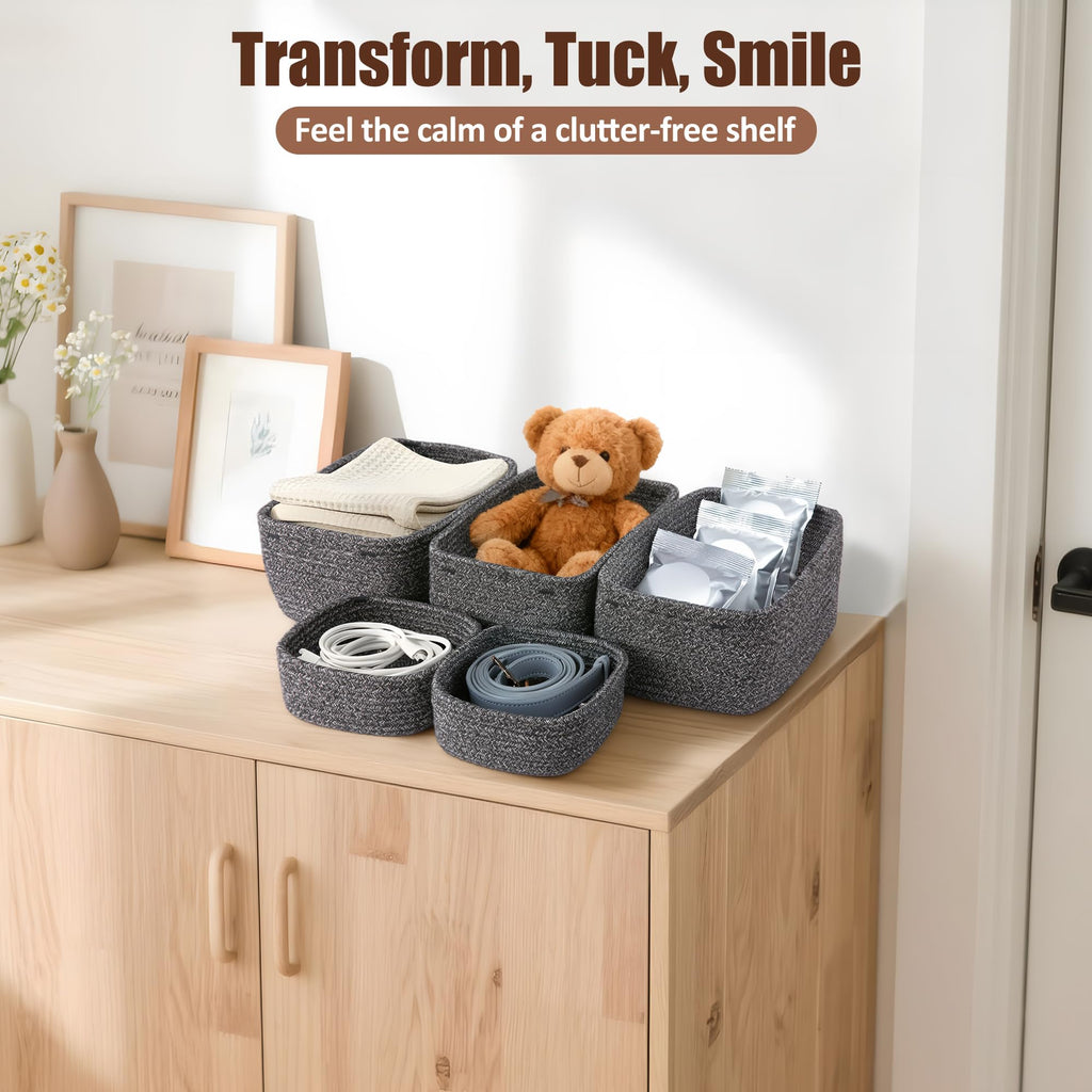 5-Pack Small Woven Rope Storage Baskets, 2 Sizes Organizer Bins