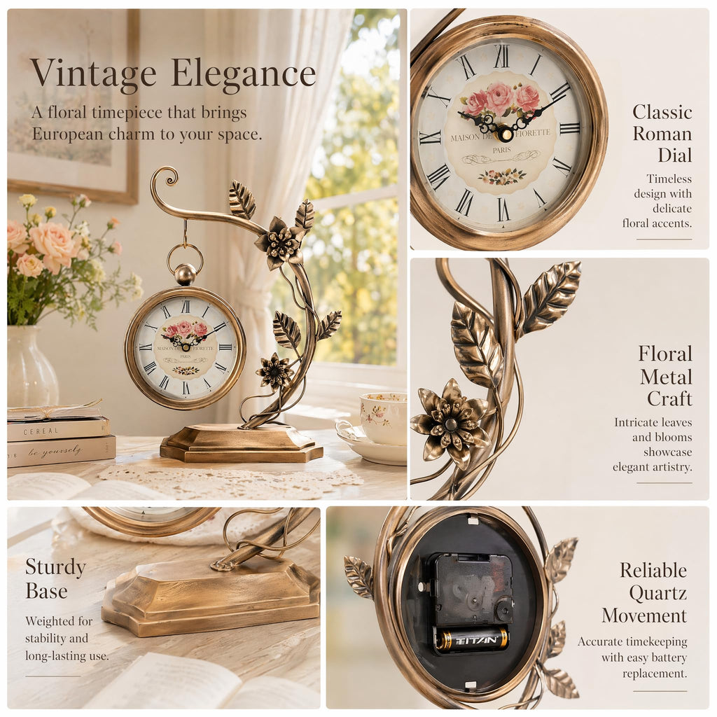 Floral Plant Desk Clock, Vintage Gold Table Clock with Leaf Pattern, Silent Non-Ticking Battery Operated Decorative