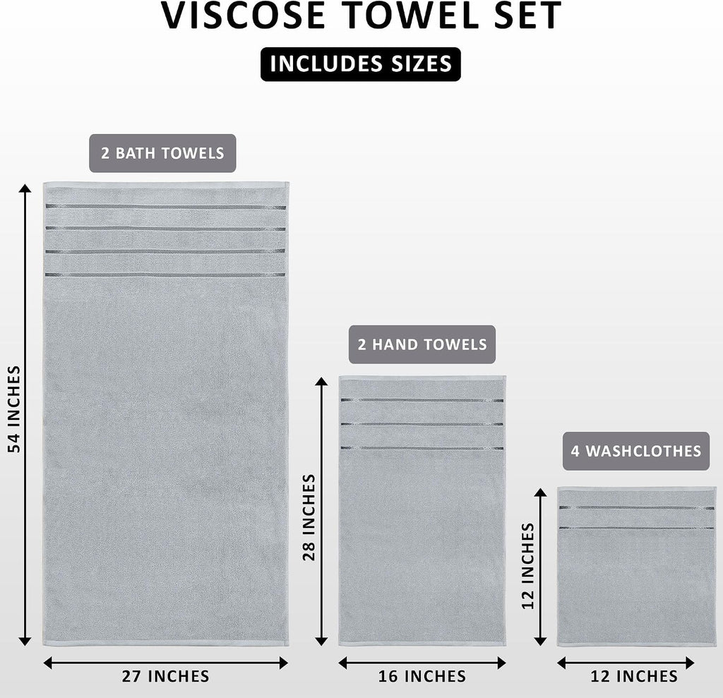 8 Piece Luxury Towel Set, 600 GSM, Viscose Stripe, Cool Grey | 600 GSM Ring Spun Cotton Towels with Viscose Stripe