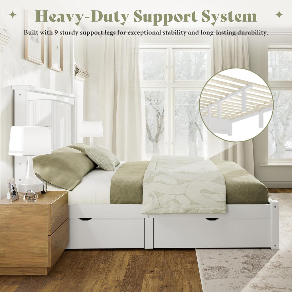 Solid Wood Full Storage Bed Frame with Headboard, Platform Bedframe with 2 Storage Drawers, Beadboard Design & Wooden