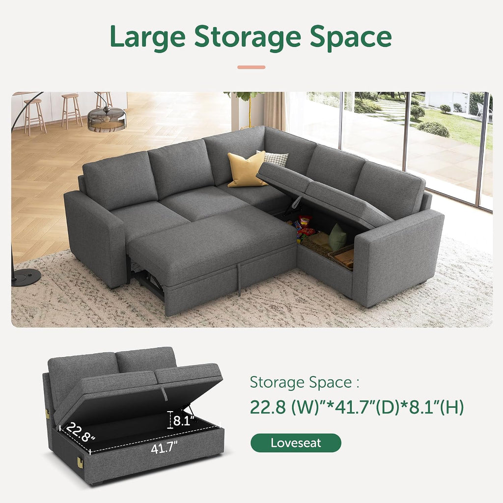 Sectional Sleeper Sofa with Pull Out Bed, L Shaped Couch with Storage Seat, Modular Sectional Couches , Dark Grey