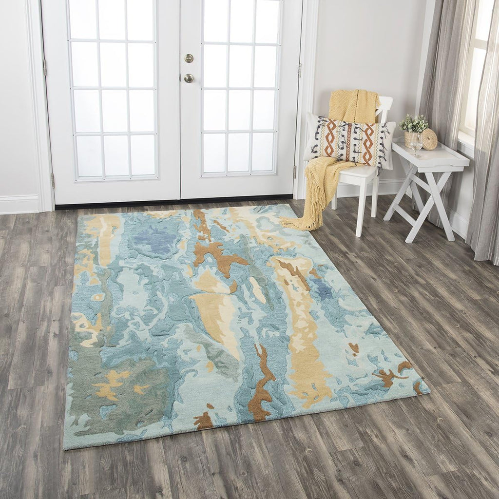 Vogue Wool Area Rug 8' x 10' Blue/Grey/Teal/Gold Abstract