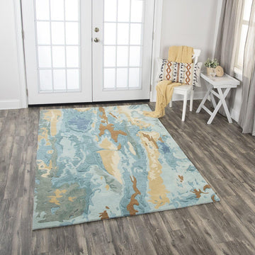 Vogue Wool Area Rug 8' x 10' Blue/Grey/Teal/Gold Abstract