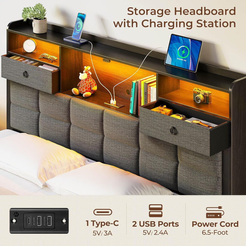 Bed Frame Full with Drawers and Charging Station, Upholstered Platform Bed with Storage Headboard and LED Light
