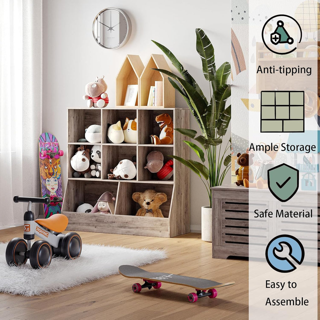 Toy Storage Organizer, Kids Cubby Cabinet with Bookshelf, 8-Cube | 3-Tier Wood Toy Book Shelf, Anti-Tip Structure