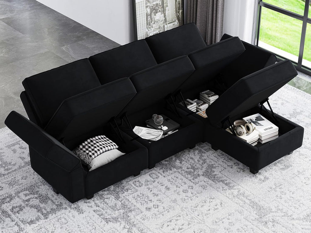 Modern L Shaped Velvet Sectional Sofa with Chaise, Black, Storage, Adjustable Arm/Backrest