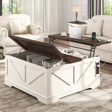 40" Large Farmhouse Lift Top Coffee Table with Power Outlets and Large Hidden Storage, Square Wood Living Room