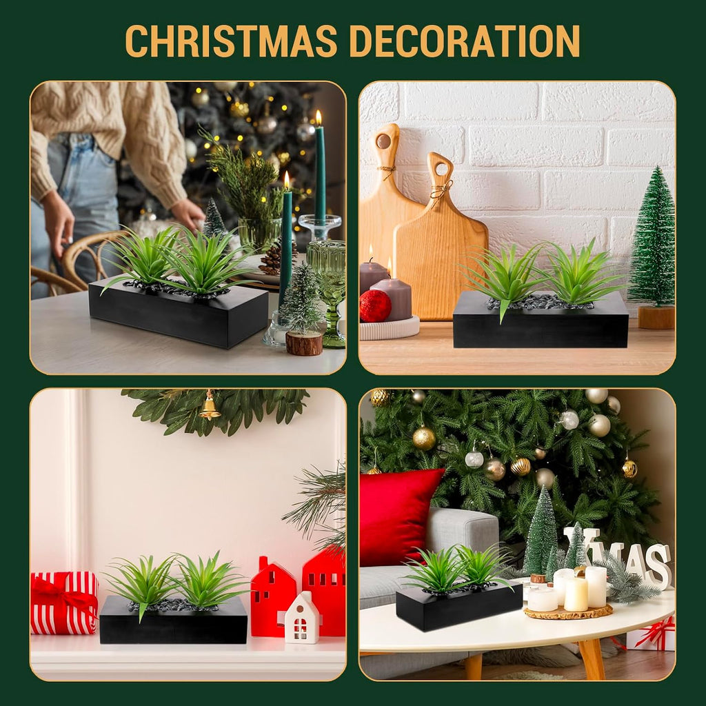10 Inch Fake Grass Artificial Plants in Rectangular Black Wood Planter - Faux Plants Indoor for Tabletop Centerpiece