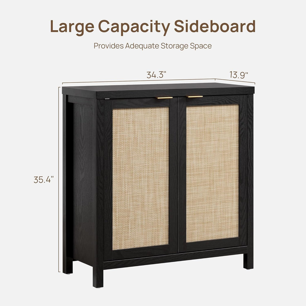 Sideboard Buffet Storage Cabinet - Boho Rattan Credenza Coffee Bar Cabinet with Large Storage