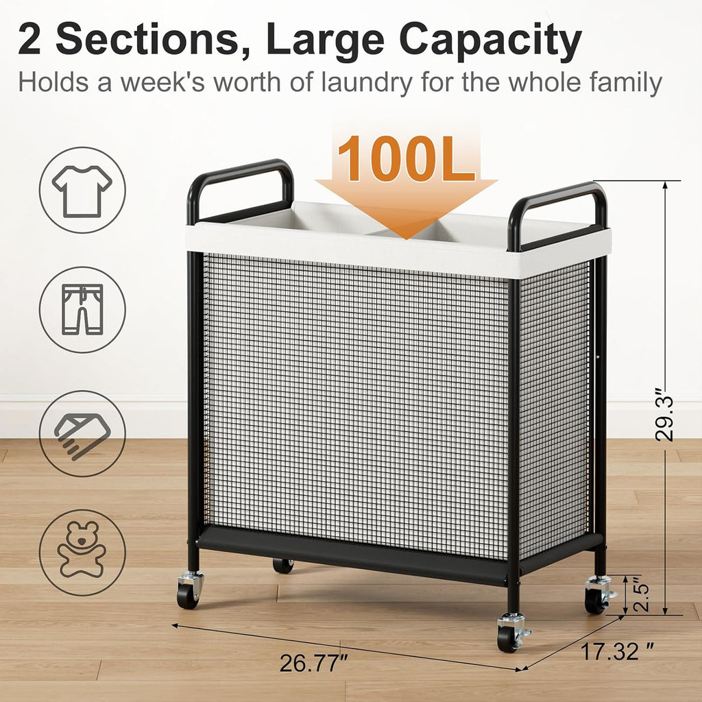 Rolling Laundry Hamper 2 Section, 100L Laundry Basket with Wheels | Double Laundry Sorter with Metal Handle and