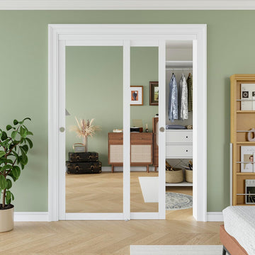 Sliding Closet Door 60" x 80", One-Side Mirror Bypass Door Panel with Hardware Track Kit & Floor Gui