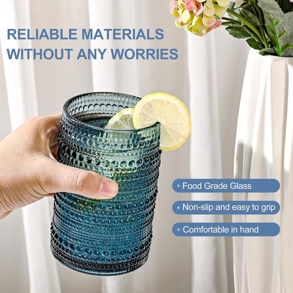 Vintage Glassware Drinking Glasses Set of 6, 15 oz Hobnail Glass Cups,Embossed Blue Water Tumbler,for
