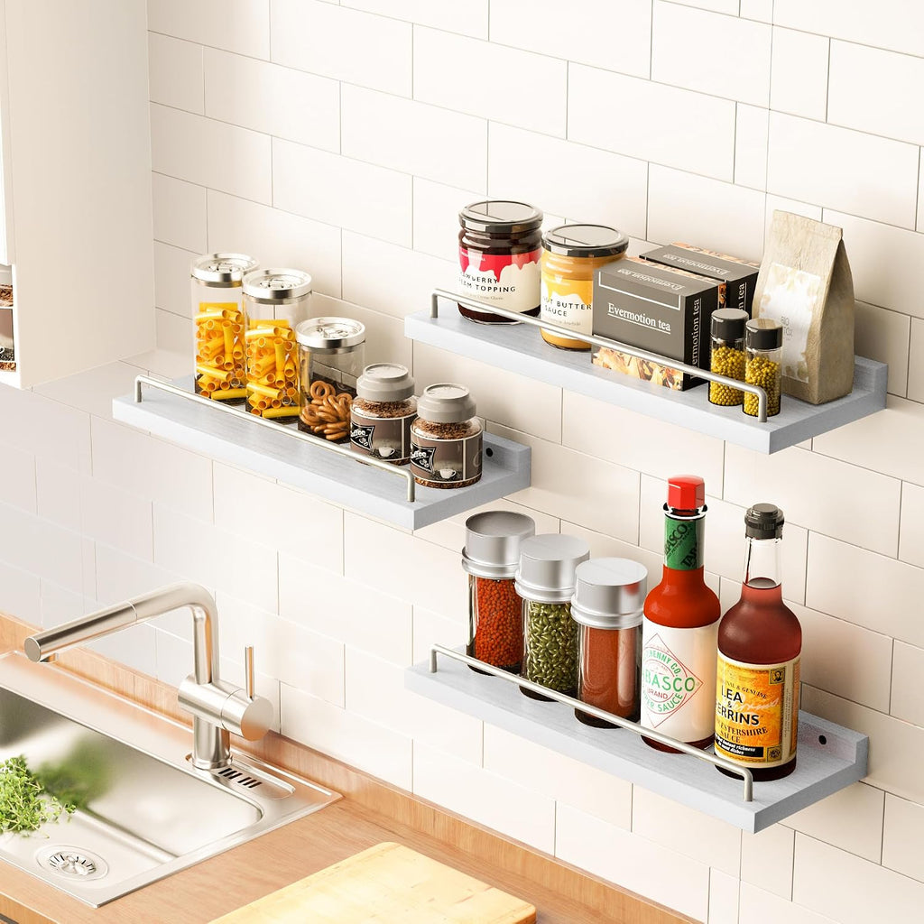 Floating Shelves for Wall Decor, White and Grey Shelves , Picture Frames, Plants, Kitchen (Set of 3)