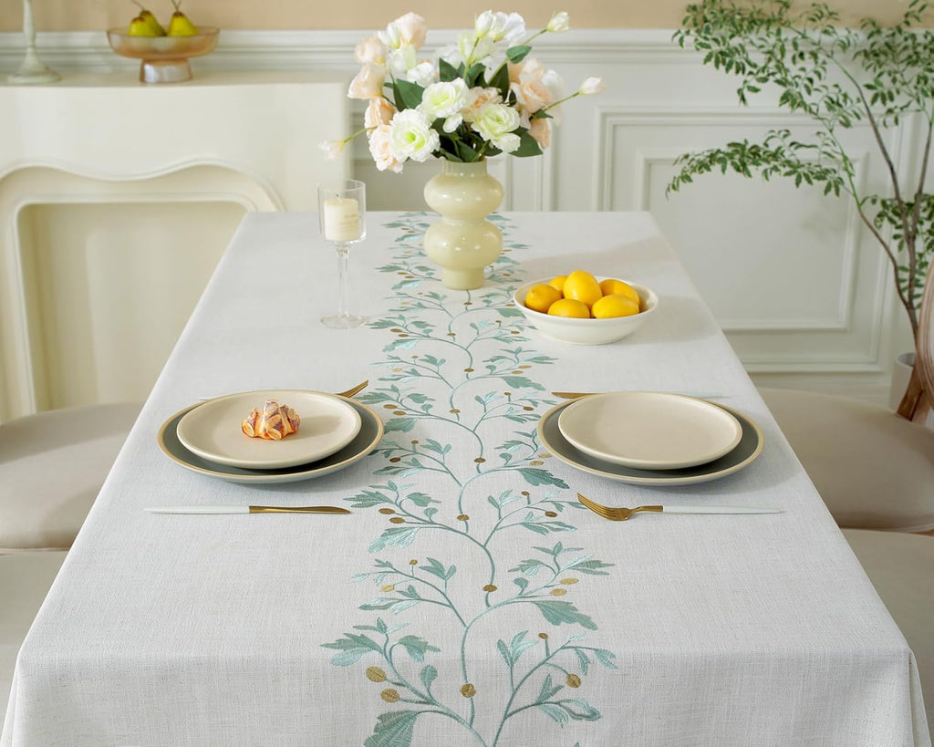 Embroidered Tablecloth Rectangle 55 x 75 Inch, Farmhouse Otanical Floral Table Cloth Waterproof Wash
