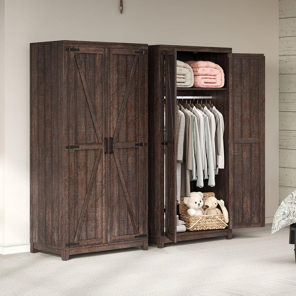 70" Large Farmhouse Wardrobe Closet with Hanging Rod & Barn Doors | Wooden Bedroom Armoires with Shelf, Organized