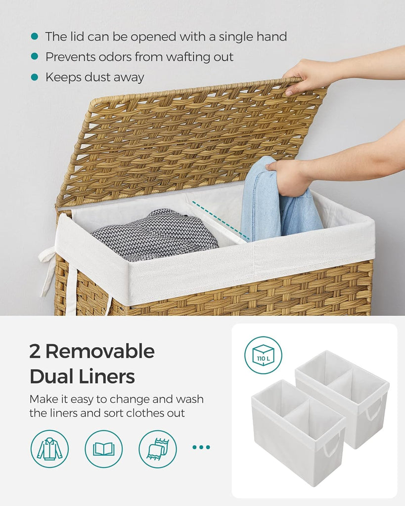 Laundry Hamper with Lid, 110L Wicker Laundry Basket | 6 Mesh Bags, 2 Removable Liner Bags, 13 x 22.4 x 23.6 Inches