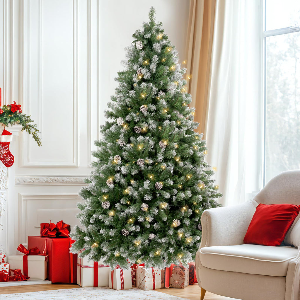 6ft Pre-Lit Pre-Decorated Pine Hinged Artificial Full Spruce Christmas Tree w/ 970 Flocked Branch Tips, 60 Pine