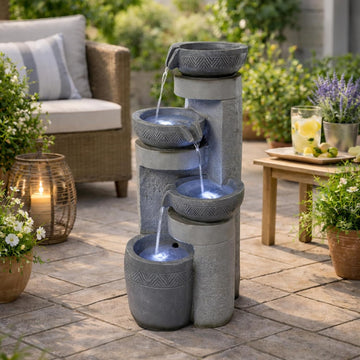 28" Outdoor Water Fountain with Led Lights, 4-Tiered Owl & Calla Lil Water Fountain, Outdoor Garden Waterfall Decor