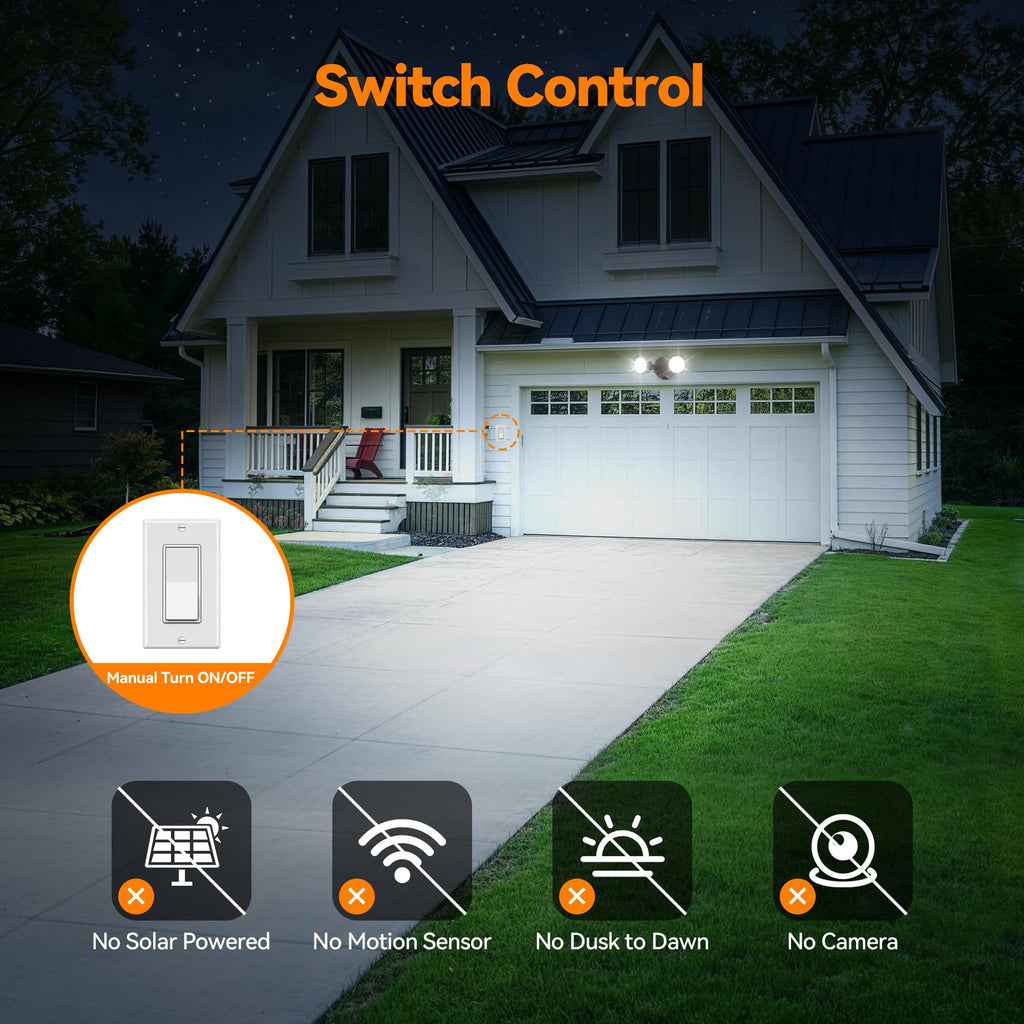 45W Outdoor Flood Lights, Dual Head Wall Switch Controlled LED Exterior Flood Light, 5000K Daylight, IP65