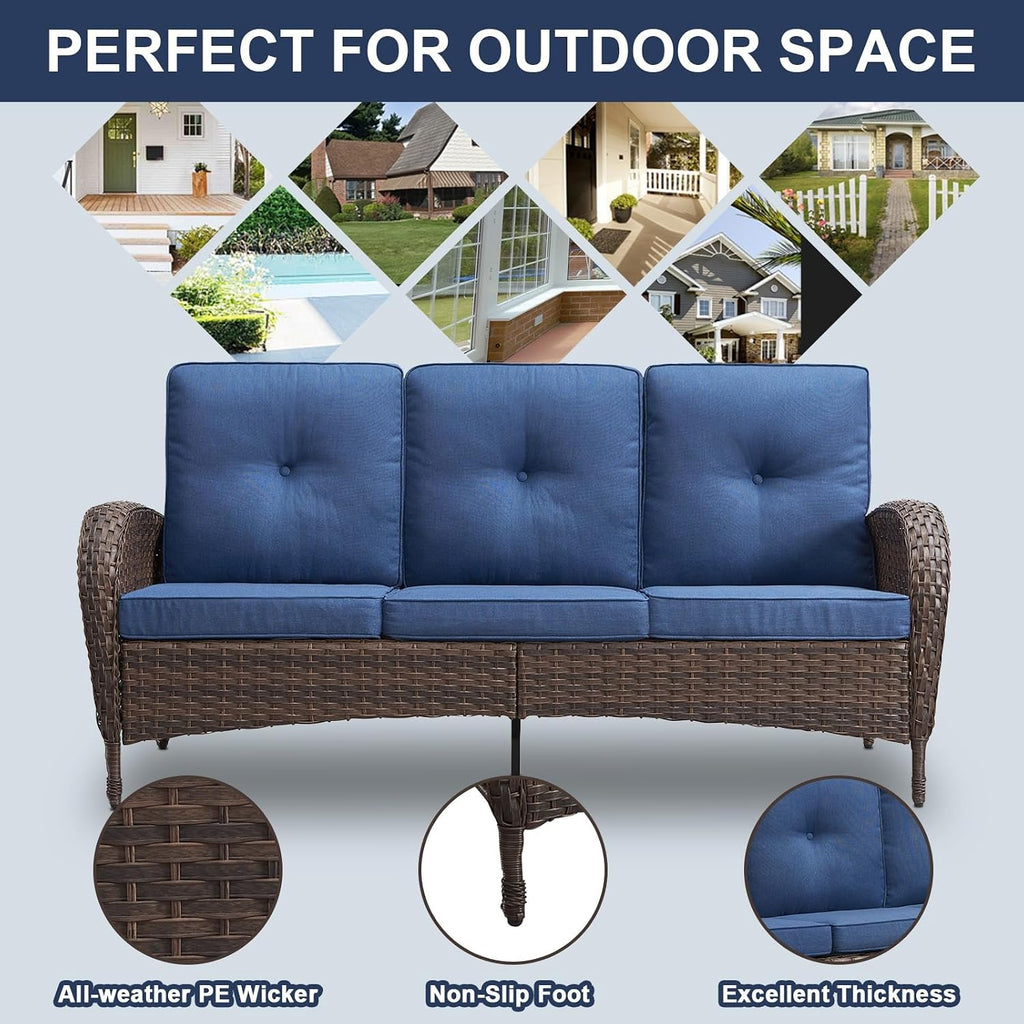 Outdoor Patio Furniture - Wicker Sofa with Removable Cushion, 3 Seater Rattan Couch with Deep Seat, High Backrest