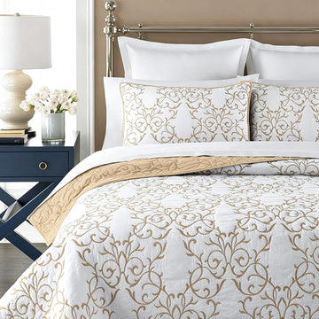 Quilt Set 3-Piece, Cotton Blend Reversible Bedspread, Elegant Beige Embroidery Pattern Coverlet with 2