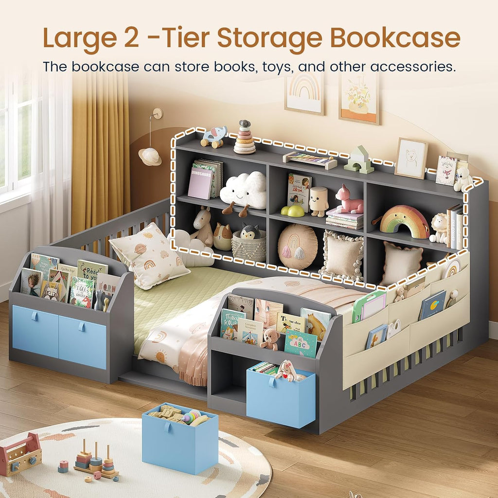 Full Size Floor Wooden Montessori Bed Frame for Kids,Grey | 4 Fabric Drawers, Both Sides Bookshelves, 2-Tier Side