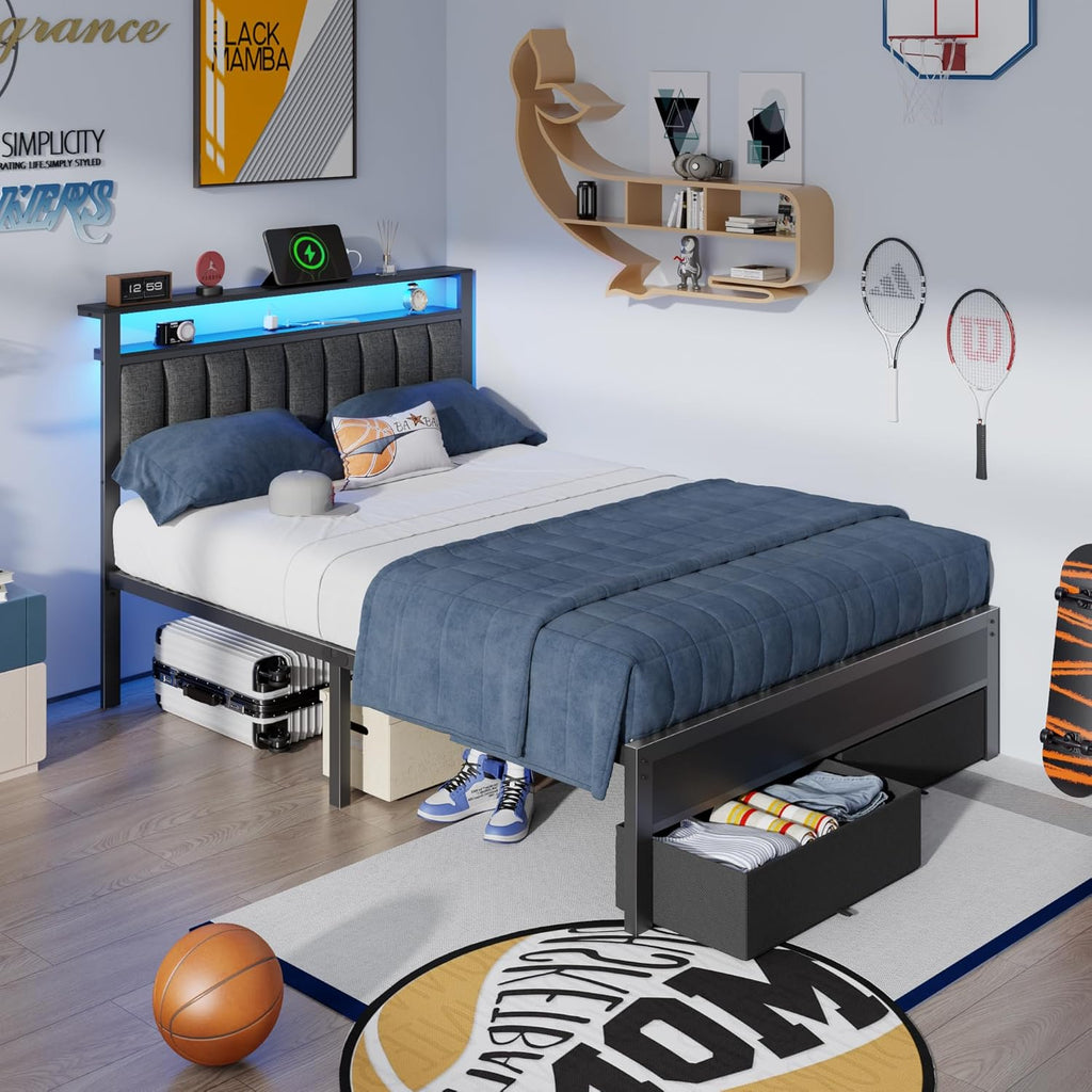 Full Bed Frame with Charging Station and LED Lights, Grey Upholstered Headboard with Shelves