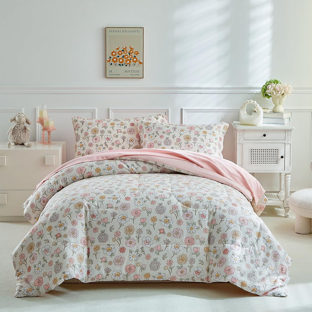 Floral Twin Comforter Set,5 Pieces Twin Bedding Set for Girls,Twin Bed in a Bag, All Season Kids Sheet Set with Comforter, Flat Sheet, Fitted Sheet, Pillowcase and Pillow Sham-Pink Floral