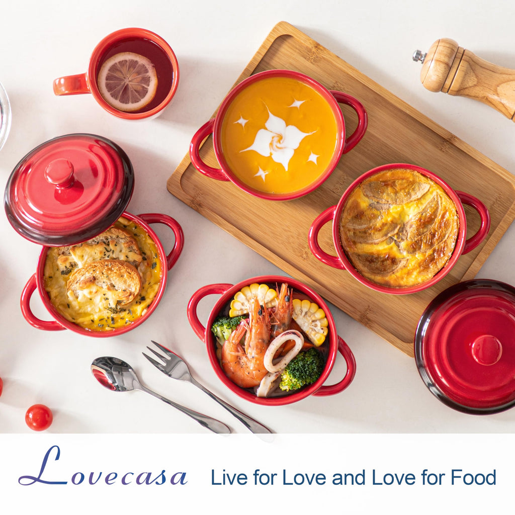 Mini Cocotte Set, 12 OZ Small Casserole Dishes with Lids, Soup Bowls With Handles, Individual Baking Ramekins, Oven