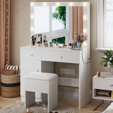 White Makeup Vanity Desk with Lighted Mirror and Storage Chiar Set | 11 LED Light Bulbs, 3 Lighting Modes, Built-In