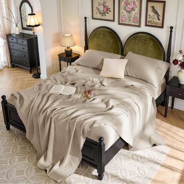 100% French Linen King Sheets Set,Natural Flax Bedding