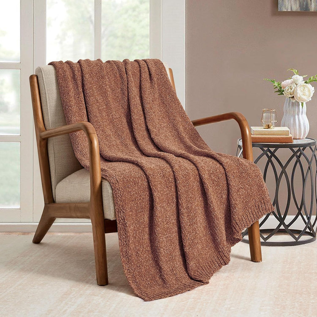 Chenille Throw Blanket, Soft Warm Cozy Blanket for All Season（50" x 60", Coral）