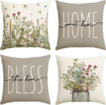 Spring Wildflowers Home Sweet Home Throw Pillow Covers, 18x18 Inch Seasonal Cushion Case Decoration