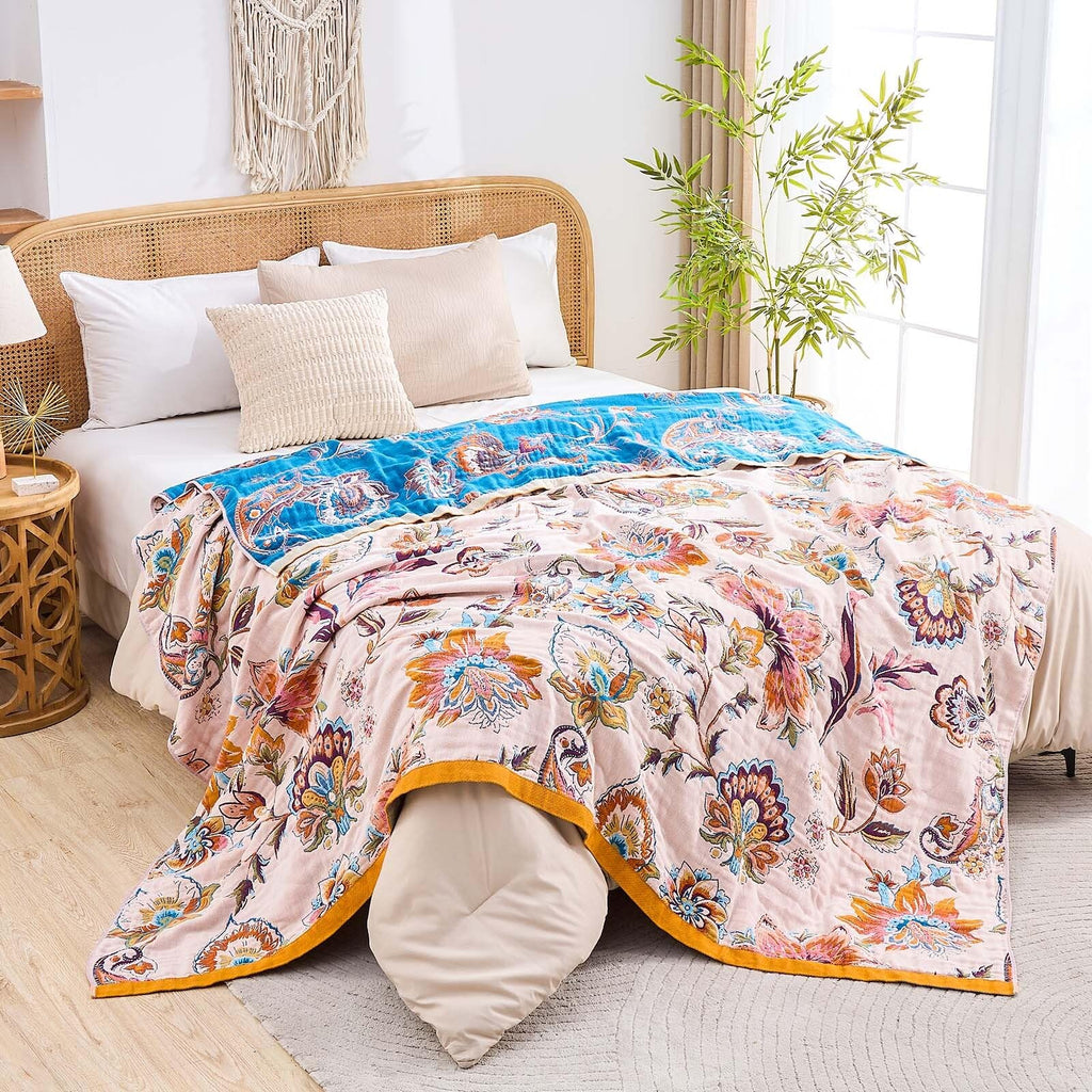 Boho Throw Blanket for Bed, 100% Cotton Soft Rustic Quilt Fall Blanket, 90"x98" Floral Printed Farmhouse Decor Bed