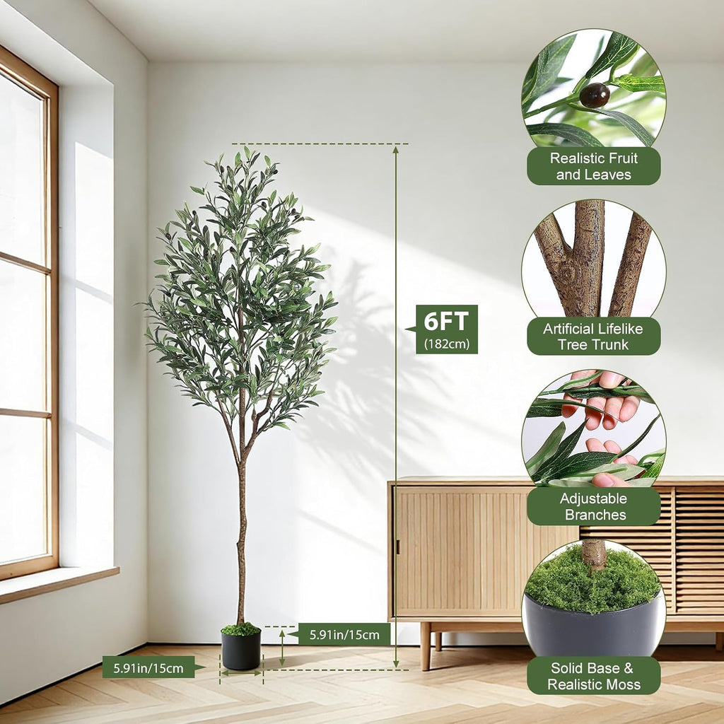 6ft Olive Tree Artificial Indoor, Fake Tree Potted Faux Olive Trees with Lifelike Fruits and Realistic Leaves