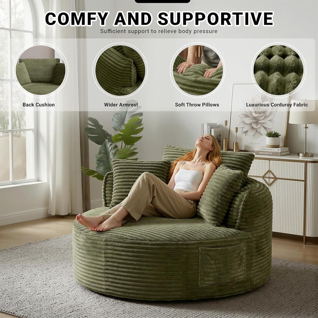 Oversized Round Lounge Chair Indoor, Corduroy Upholstered Deep Seat Cloud Circle Sofa Chair, Fluffy Boneless Sleeper