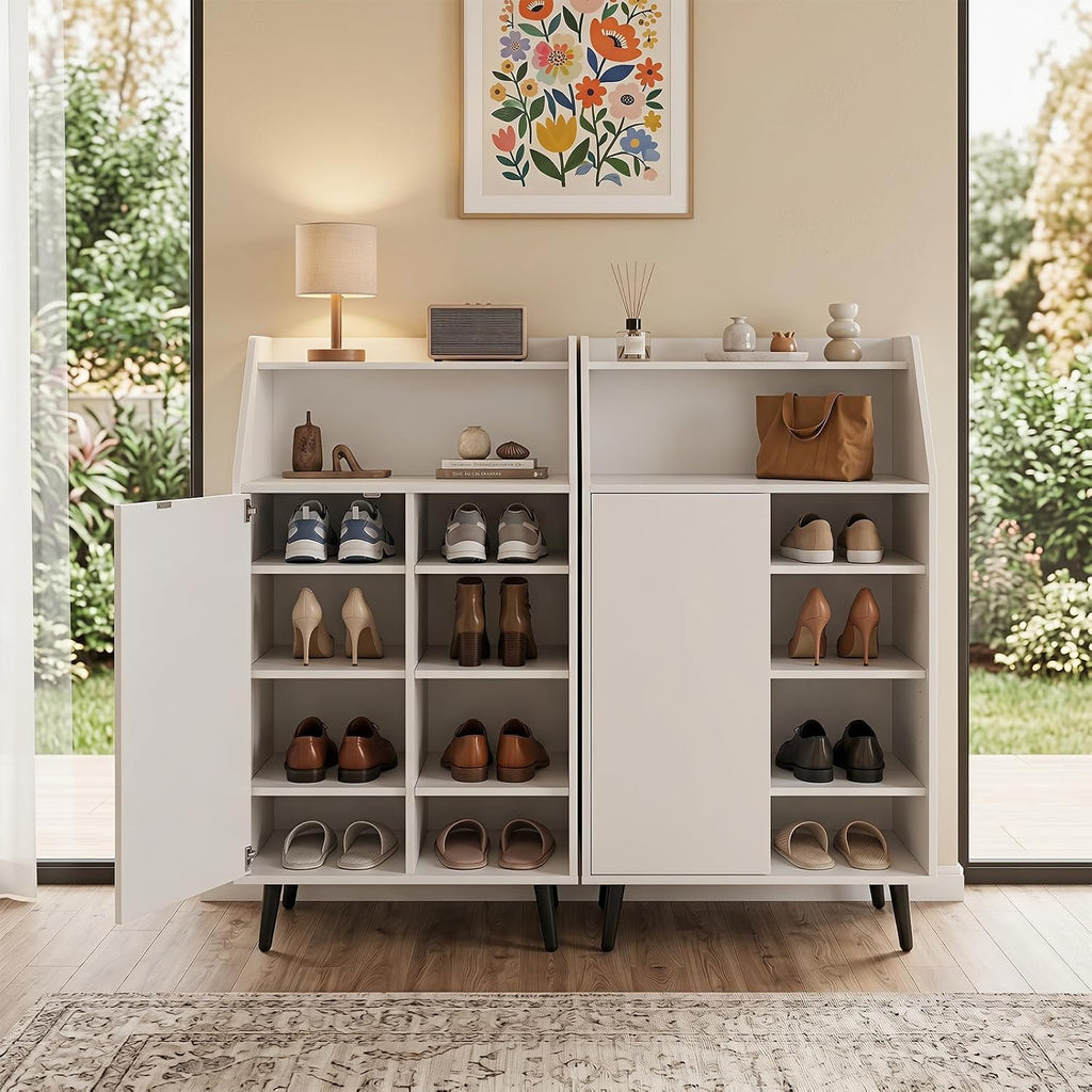 Shoe Storage Cabinet w/Single-Door, Adjustable Shelves | 7-Tier Entryway Cabinet w/Open Compartment, Anti-Tipping