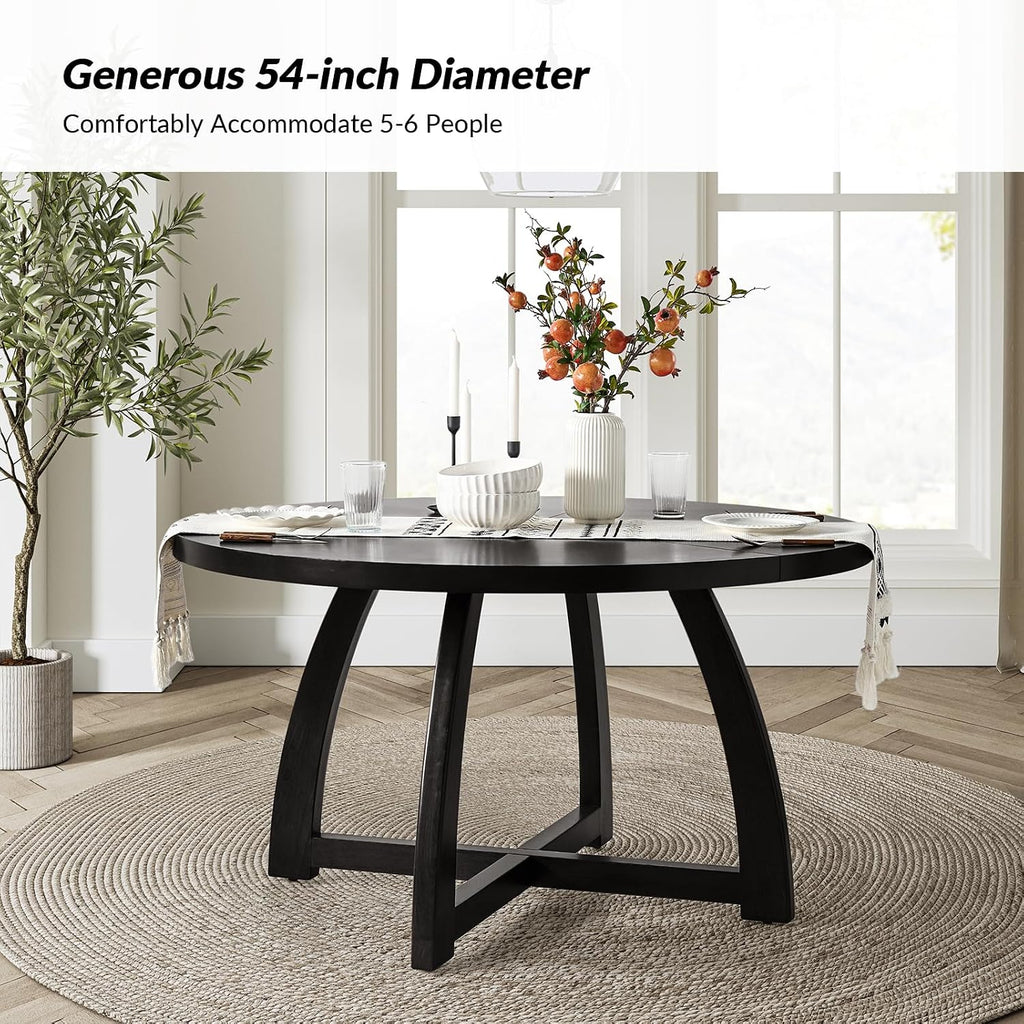 54 inch Round Dining Table for 6 People，Mid-Century Modern Solid Wood Circle Dinner Tables for Small Spaces Dining