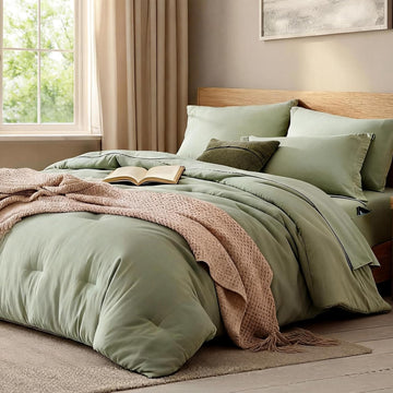 Comforter Set - 7 Pieces Sage Green Soft Bed in a Bag with Fitted Sheet, Flat Sheet, 2 Pillow Shams