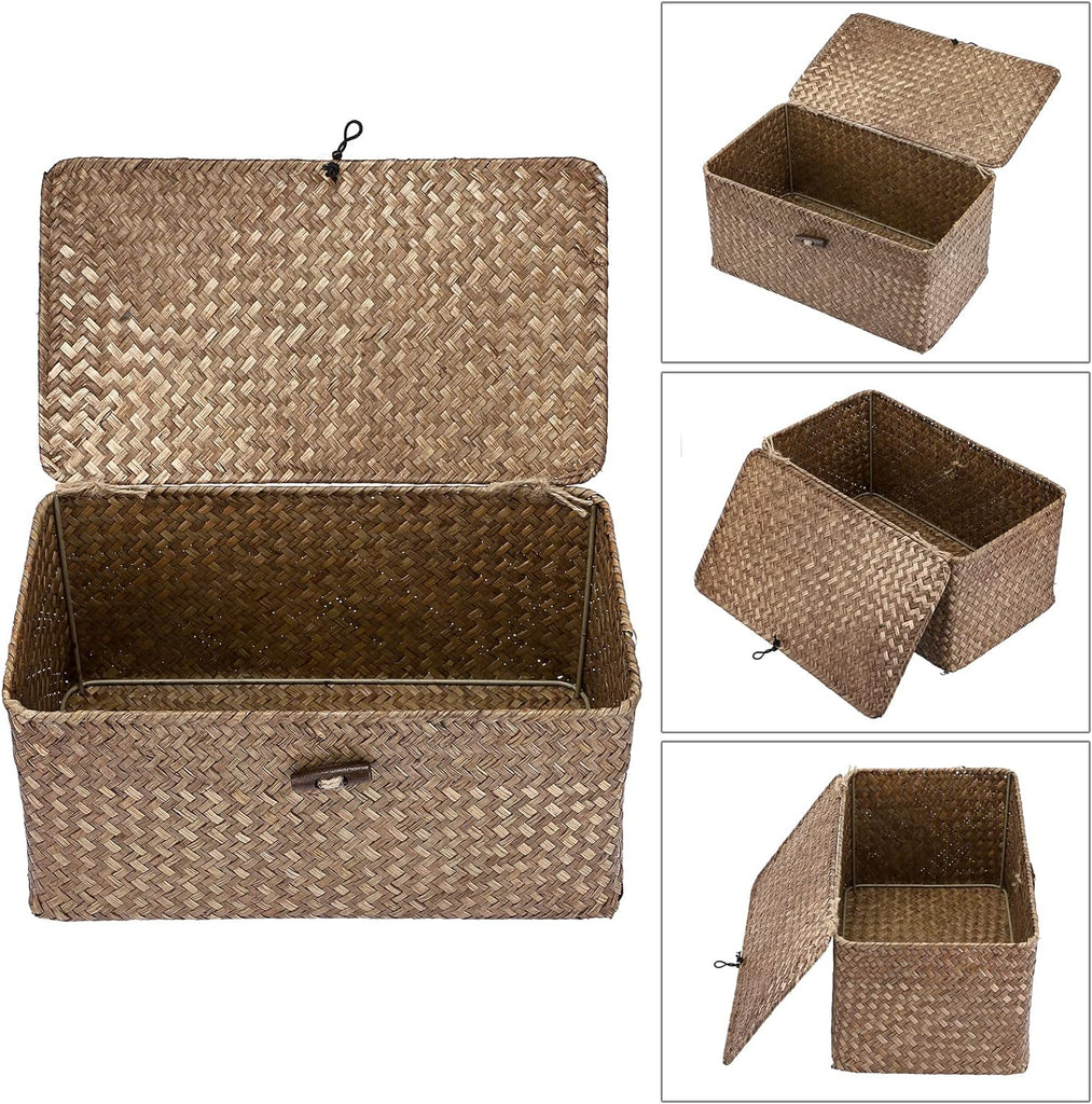 Wicker Shelf Baskets Storage Bin with Lid Handwoven Seagrass Basket | Rectangular Household Basket Boxes for Shelf