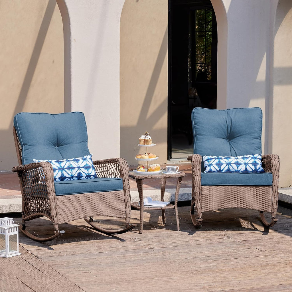Rocking Chair Outdoor Set 2 w/Coffee Table, 3 Pc Wicker Bistro Set | Rocking with 4" Water-Resistant Cushions