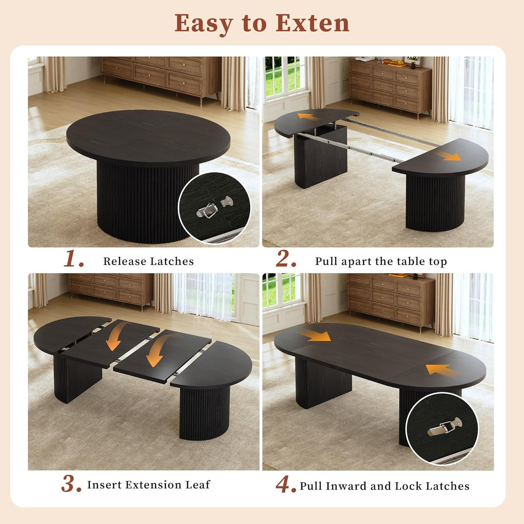 Extendable Round Dining Table for 4-8, 39in-77in Long Large Kitchen Table with Fluted Base, Space Saving Modern