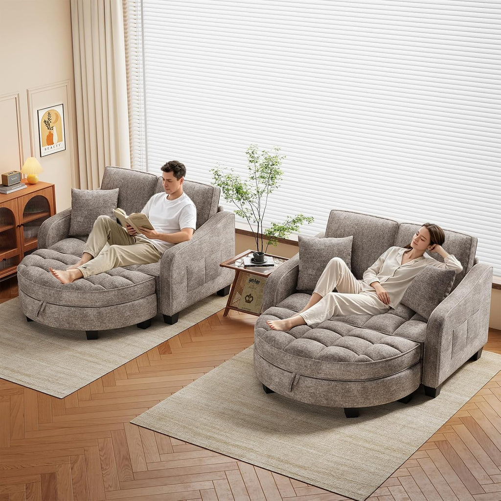 Oversized Curved Chaise Lounge Chair Indoor with Ottoman, 54.8" Cloud Boneless Reading Chair Soft Chenille Circle
