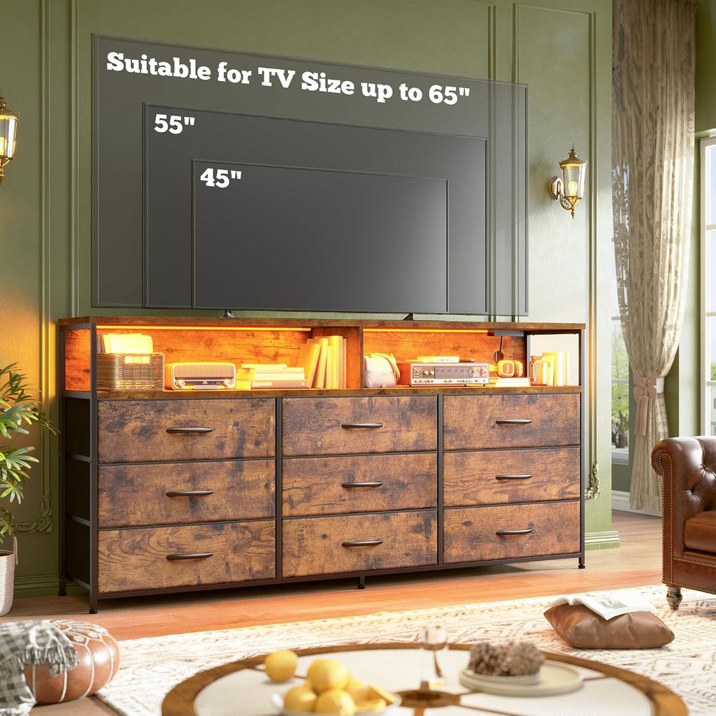 55" W Dresser with 9 Drawers LED TV Stand with Power Outlets for 45, 55, 65 Inch TV Sturdy Long Chest of Drawers with