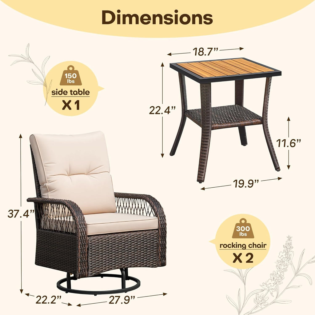 Patio Furniture Set Outdoor 3 Pieces Wicker Swivel Rocking Chairs | Rocking Chairs Set of 2 with Coffee Table, Patio
