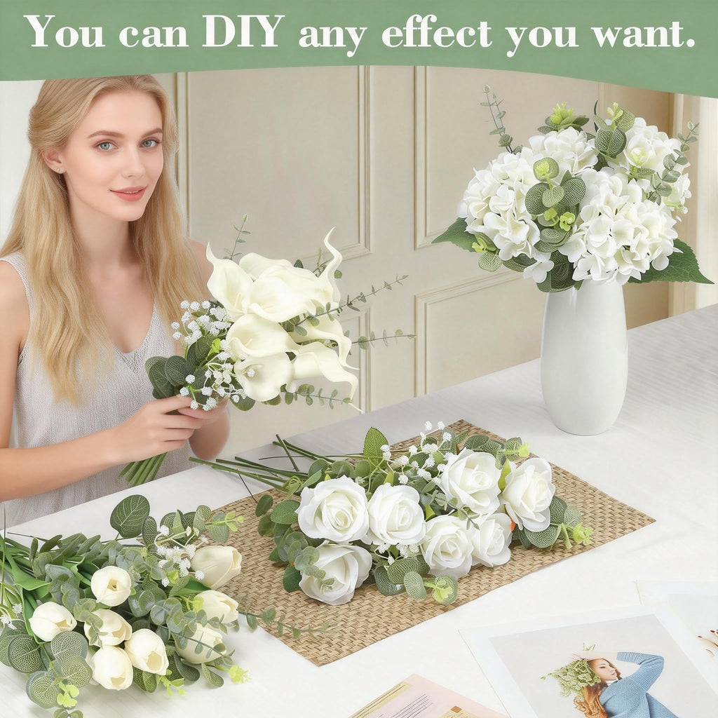 4 Kinds 60PCS Silk Tulip Artificial Flowers with Eucalyptus Stems