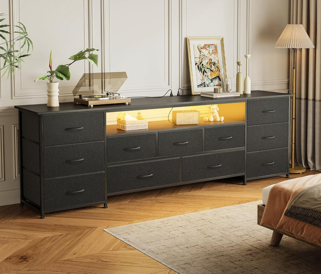 70 Inch TV Stand for 75, 80 Inch TV, 11 Drawer Long Dresser with Power Outlets and LED Lights, Entertainment Center