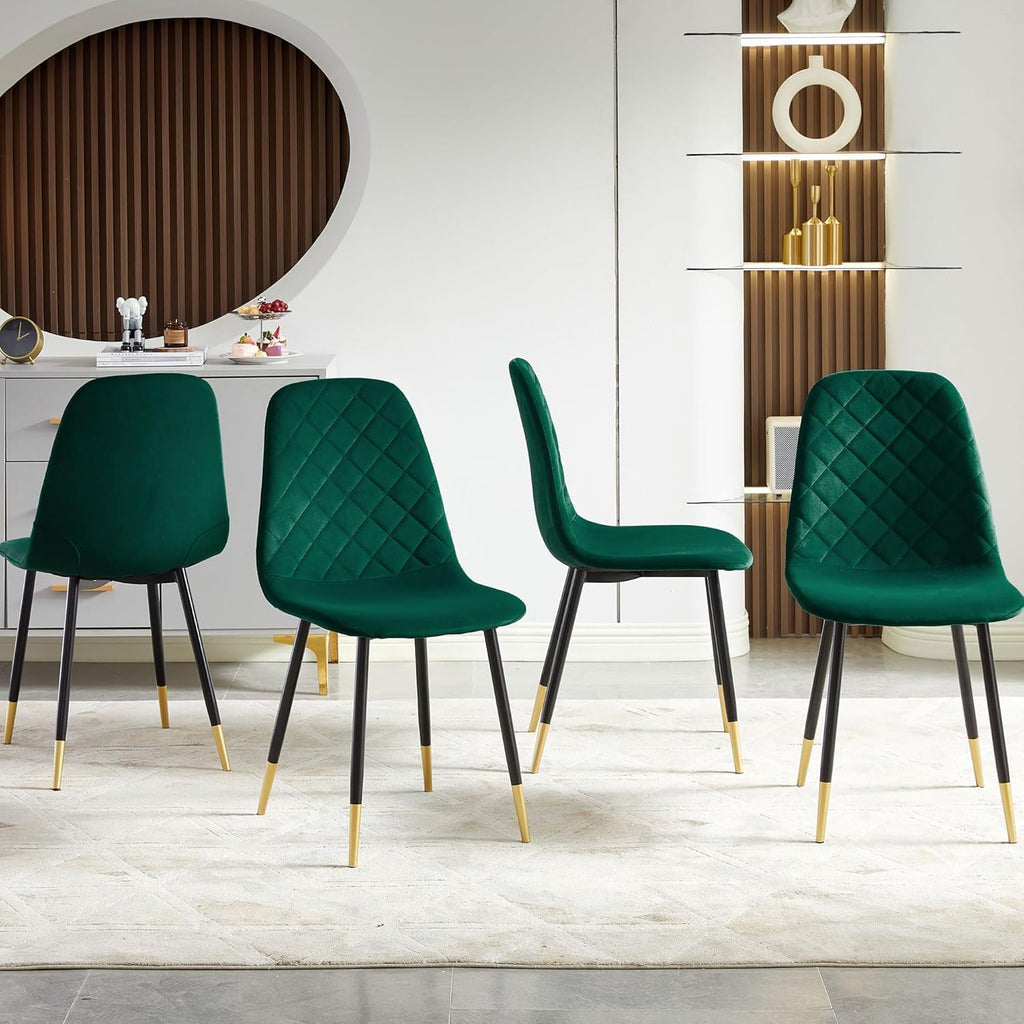 Velvet Dining Chairs Set of 4, Upholstered Kitchen Chairs with Backrest and Metal Legs, Solid Color Dining Room Chairs, Green