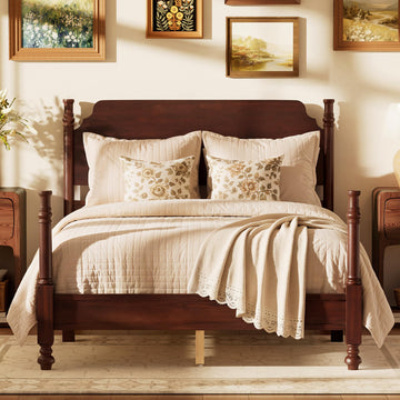 Vintage Wood Spindle Bed Frame with Headboard, Full Size, Dark Walnut