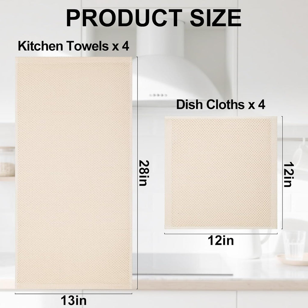8 Pack 100% Cotton Kitchen Towels and Dishcloths Set, Beige | 12 x 12 Inches and 13 x 28 Inches Kitchen Towels Set